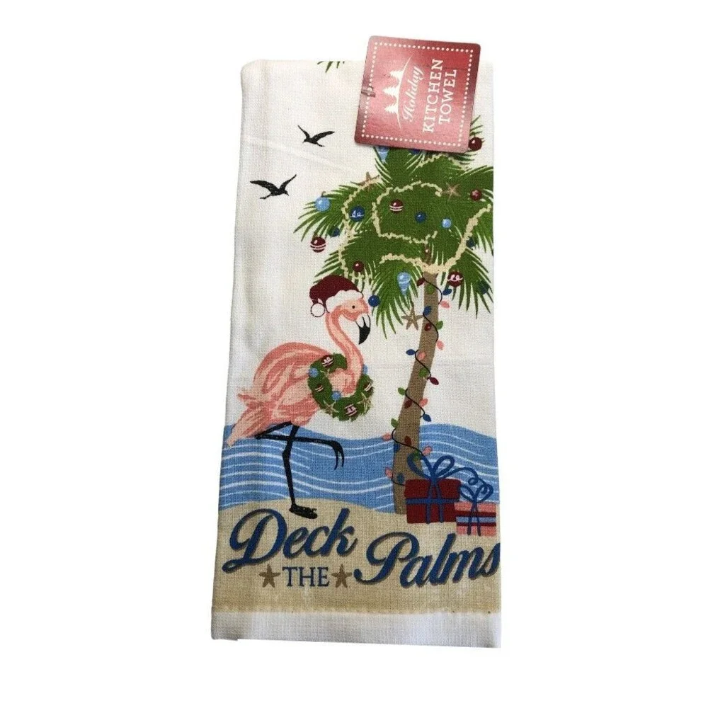 Flamingo Christmas Dish Towel Potholder Oven Mitt Tropical Beach Palms Set of 3